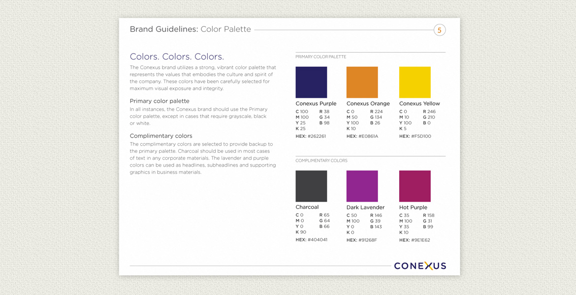 View of branding guidelines for Conexus Medical