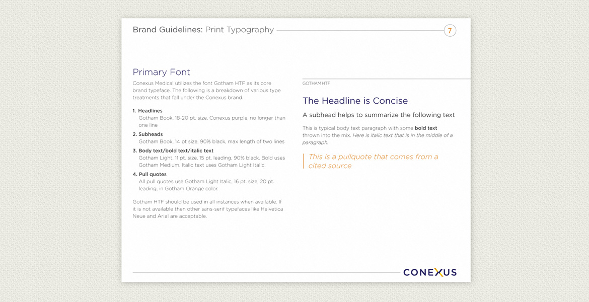 View of branding guidelines for Conexus Medical